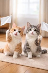 2 kittens waving white flags